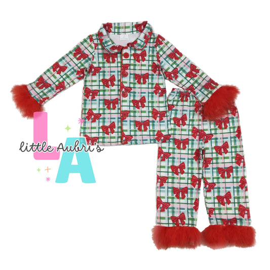 Plaid Bows Feather Trim Pajama Set ETA Late August