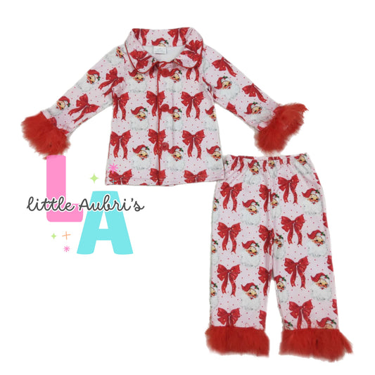 Santa Bows Feather Trim Pajama Set ETA Late August