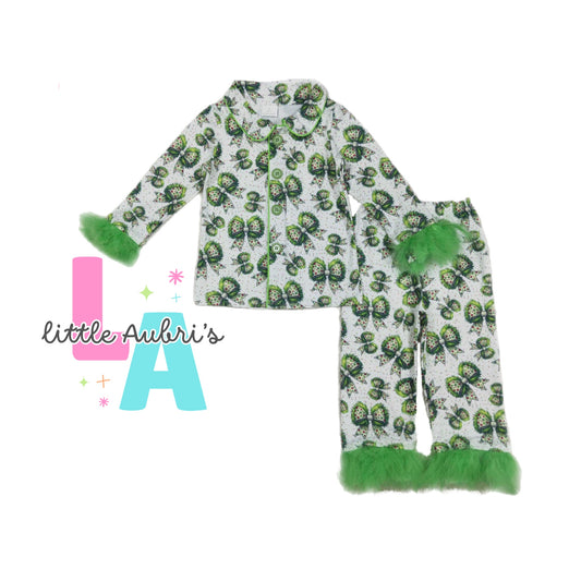 Green Guy Bows Feather Trim Pajama Set ETA Late August