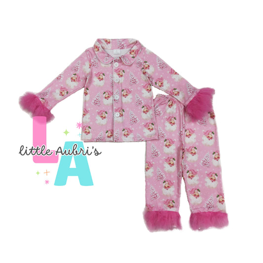 Pink Santa Feather Trim Pajama Set ETA Late August