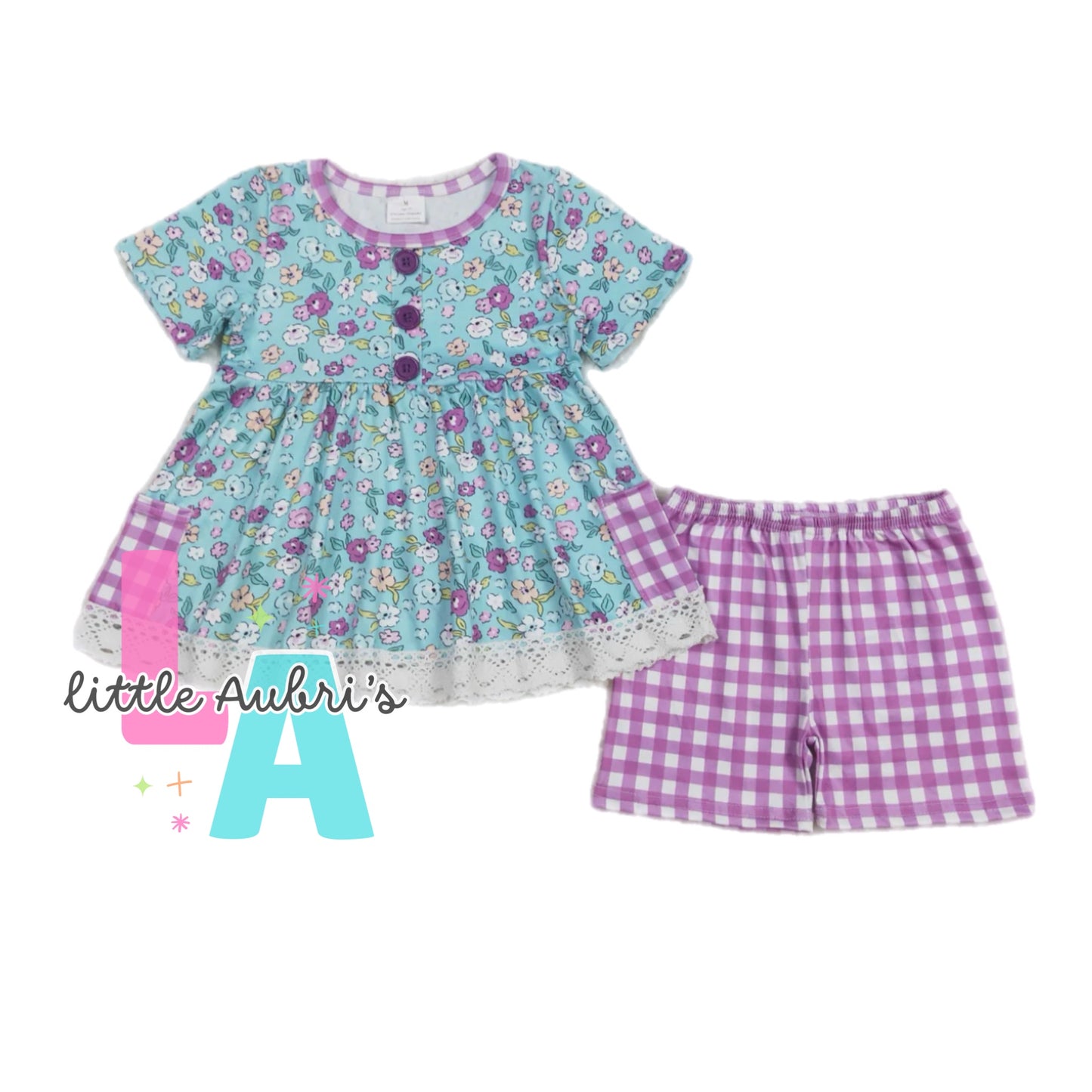 Floral Purple Gingham Short Set ETA Early April