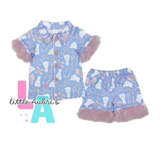 Bunny Bows Feather Trim Pajama Set ETA Early April