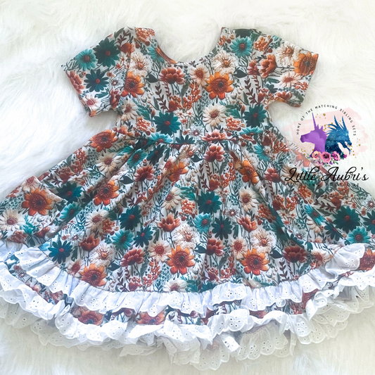 Teal Rust Floral Lace Dress