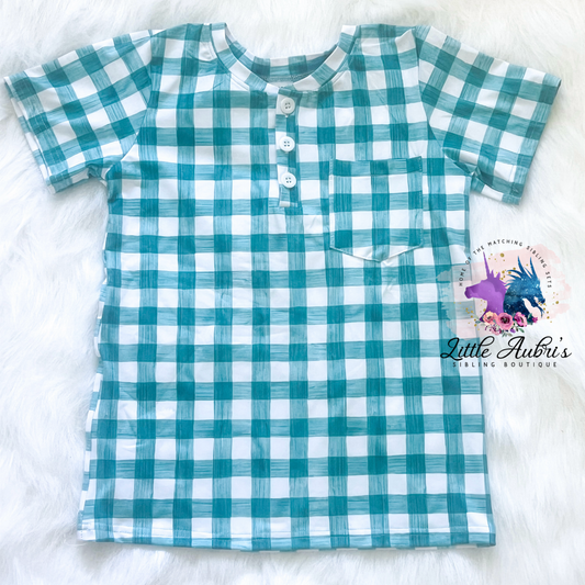 Teal Plaid Pocket Henley