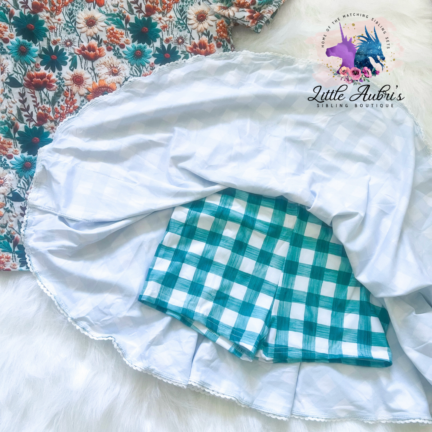 Floral Rust Puff Sleeve Shirt and Gingham Lace Skort Set