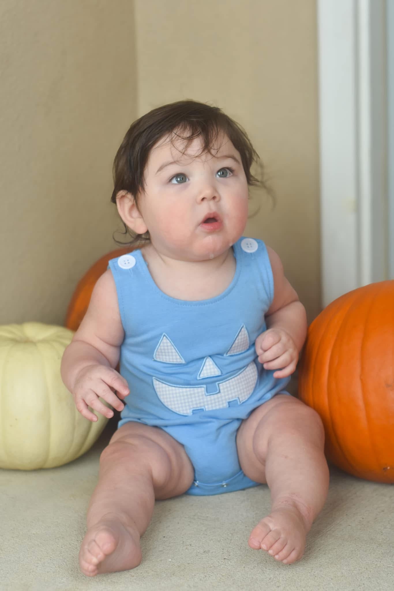 Blue Embroidered Pumpkin Bubble Romper ETA Late August