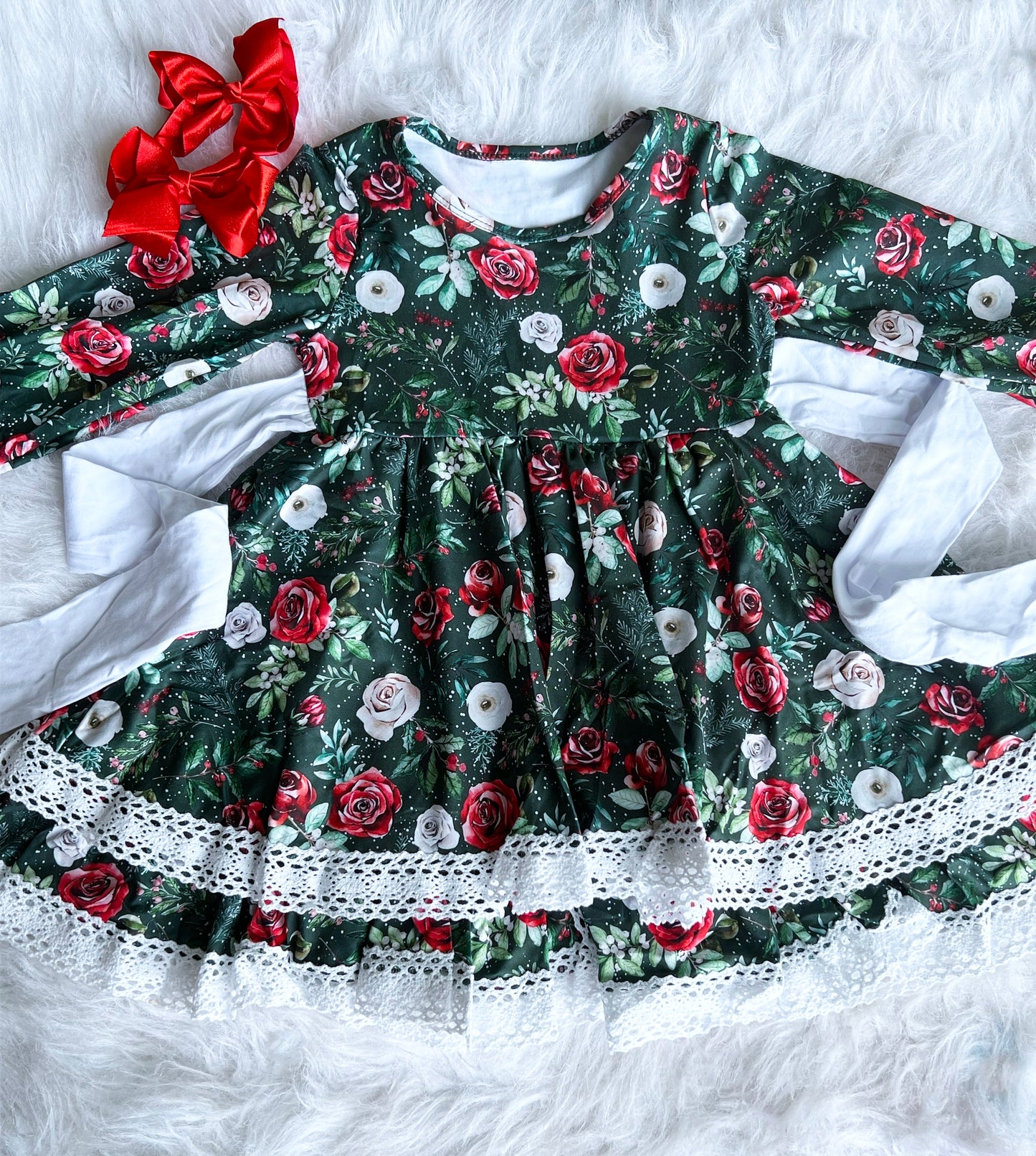 Snowy Floral Long Sleeve Ruffle Lace Dress