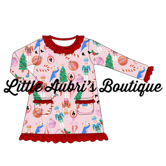 PREORDER Pink Nutcracker Ruffle Pocket Pajama Dress CLOSES 7/14