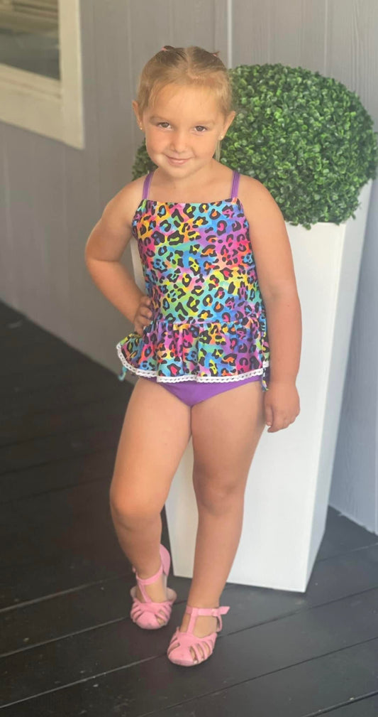 Rainbow Leopard Tankini Ruffle Bum Swimsuit