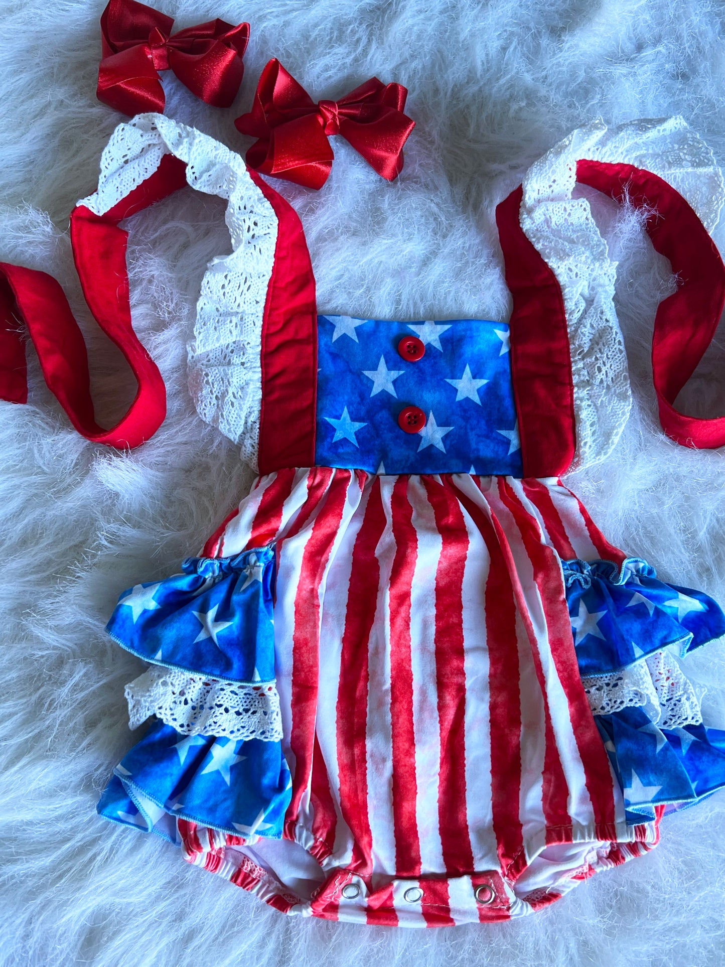 Watercolor American Flag Lace Ruffle Romper