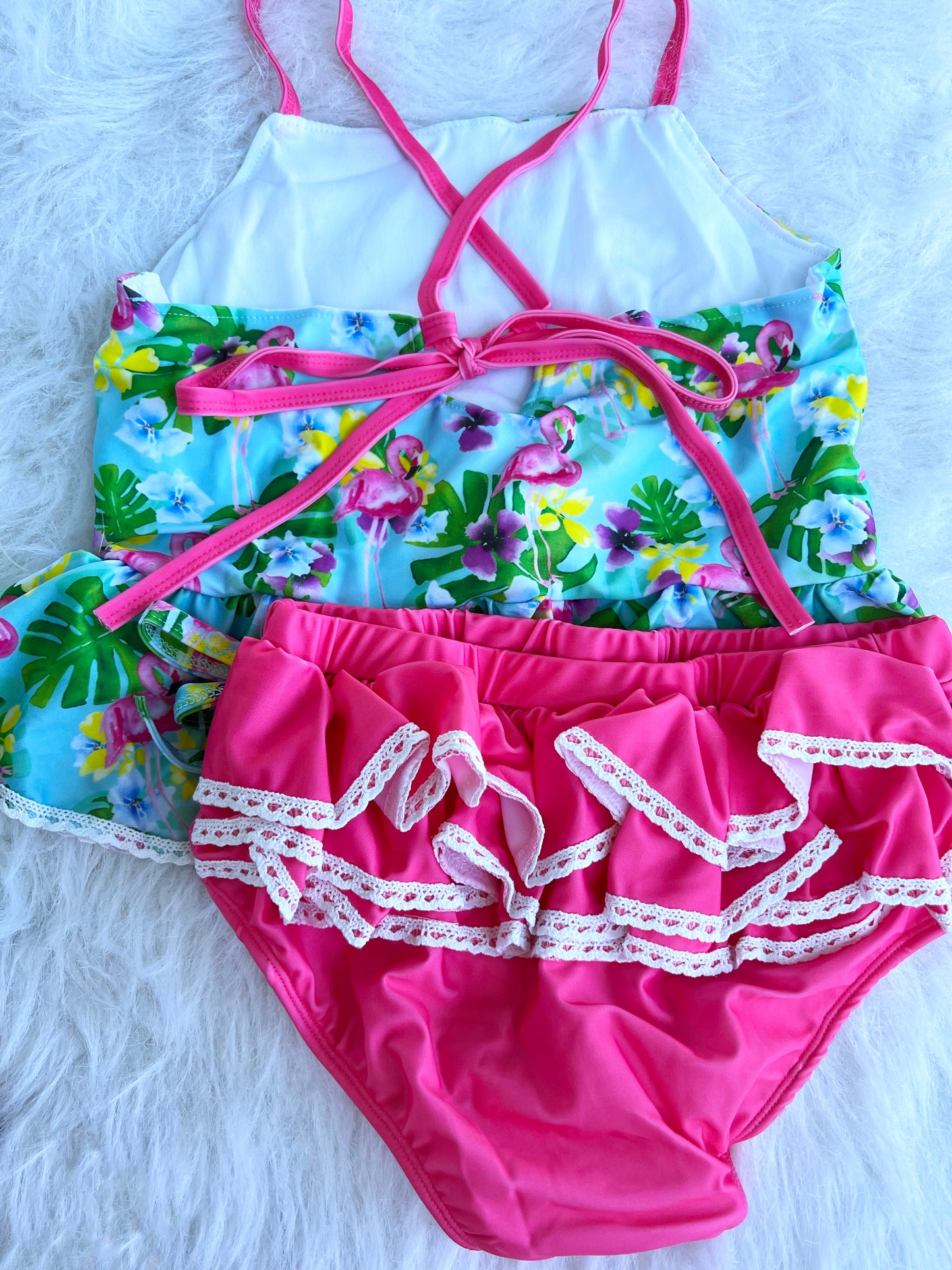 Luau Flamingos Lace 2 Piece Tankini Swimsuit Set