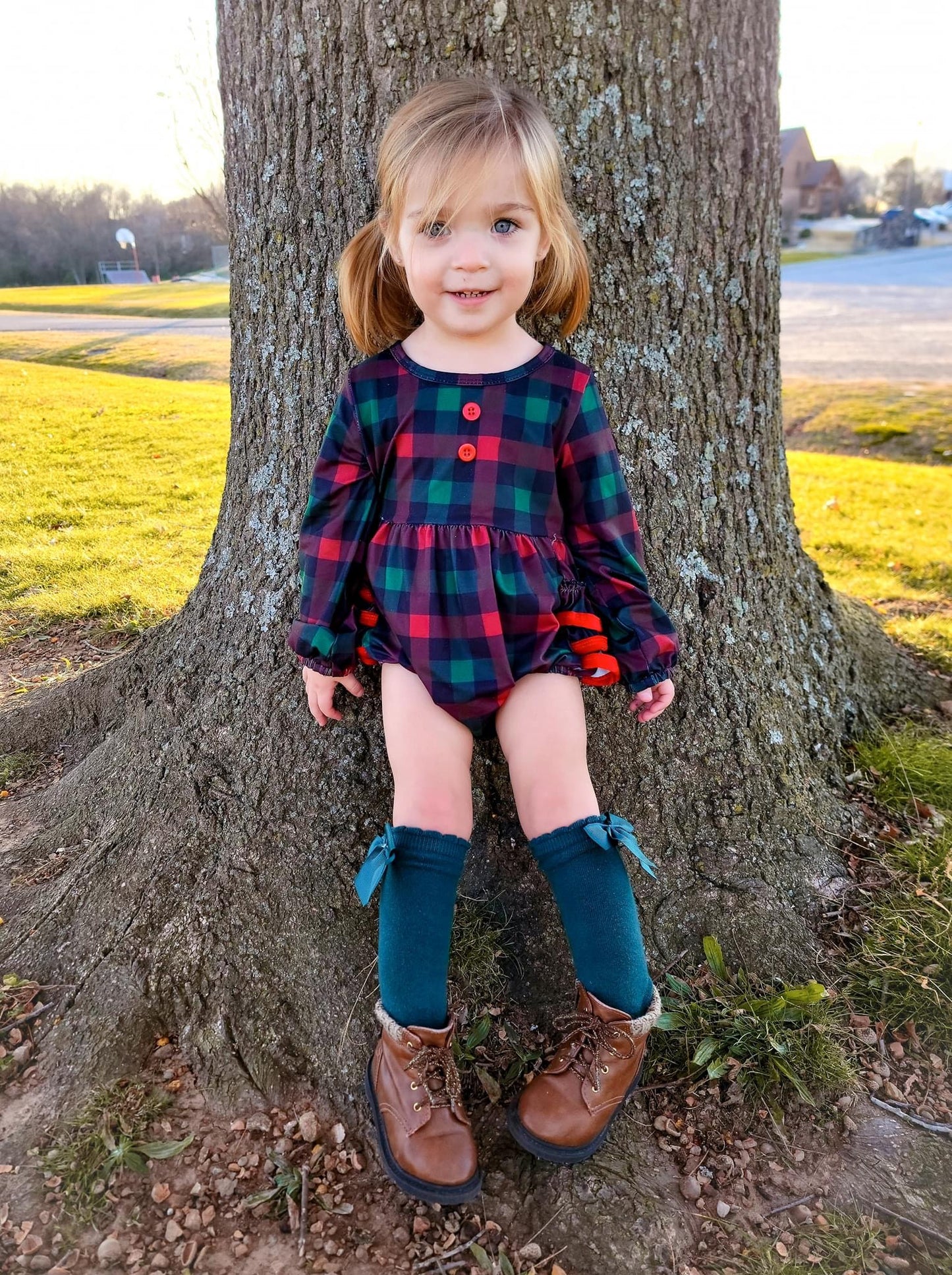 Red & Green Plaid Long Sleeve Ruffle Romper