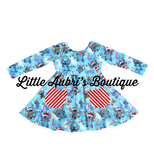 PREORDER Blue Alien Christmas Long Sleeve Pocket Twirl Dress CLOSES 7/17