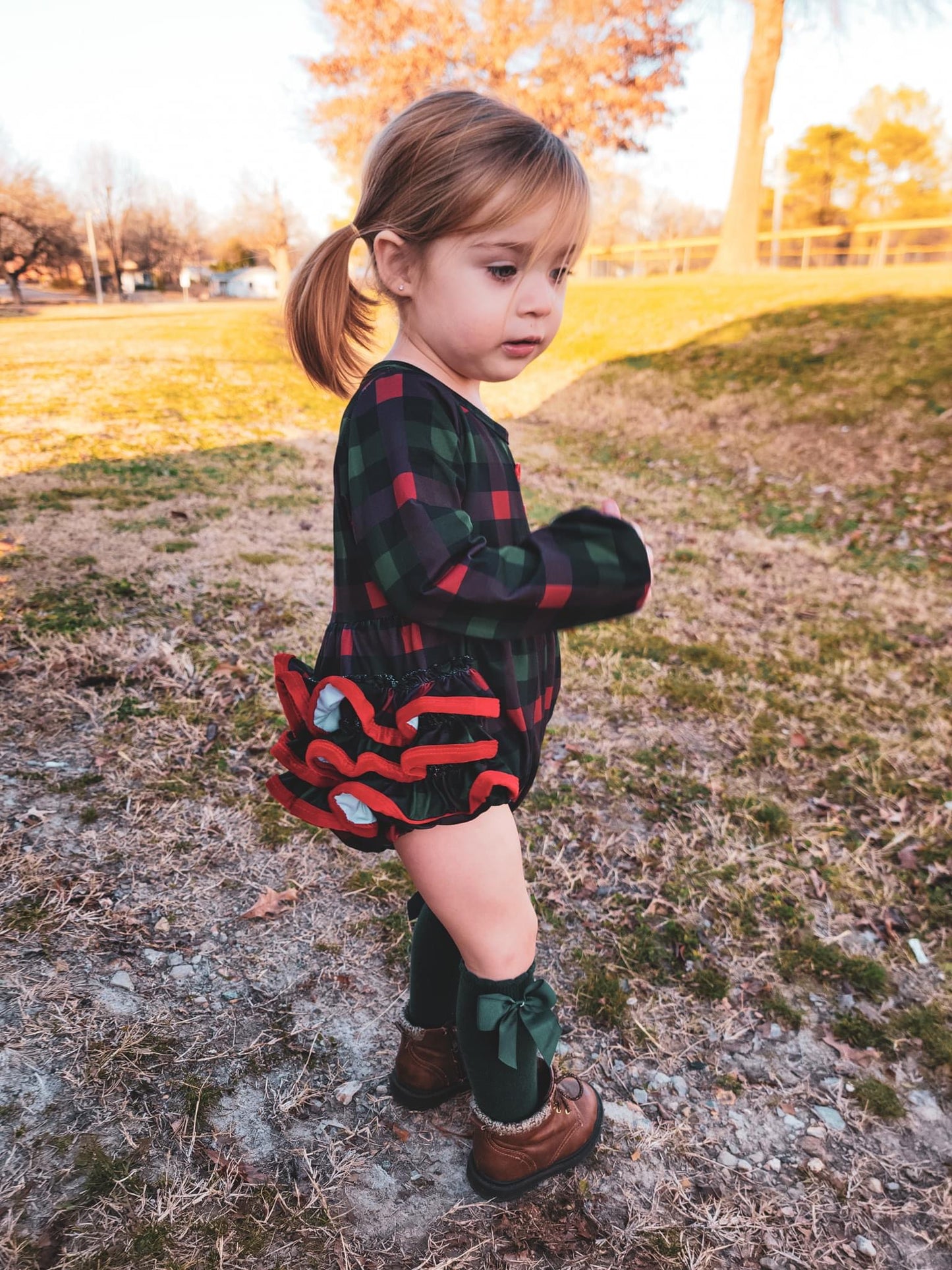 Red & Green Plaid Long Sleeve Ruffle Romper