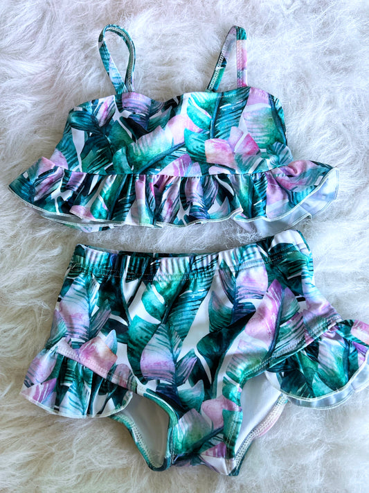 Neon Palm Leaves 2 Piece Swimsuit Set