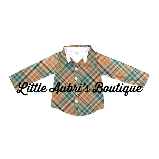 PREORDER Long Sleeve Field of Pumpkins Plaid Button Down Shirt CLOSES 8/14