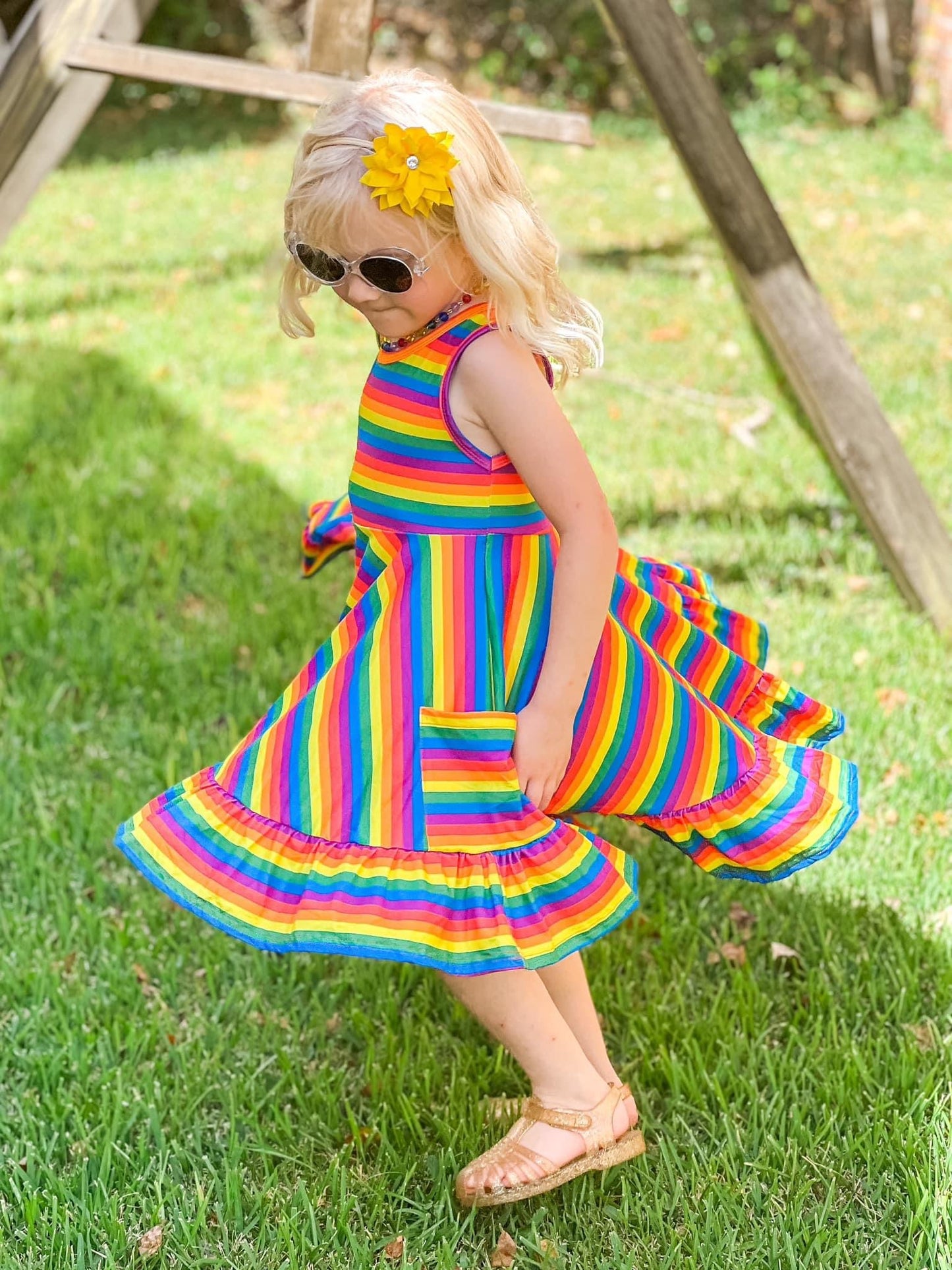 Classic Rainbow Stripes Cross Back Pocket Dress