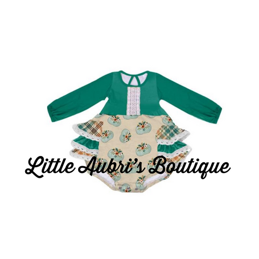 PREORDER Long Sleeve Field of Pumpkins Ruffle Lace Romper CLOSES 8/14