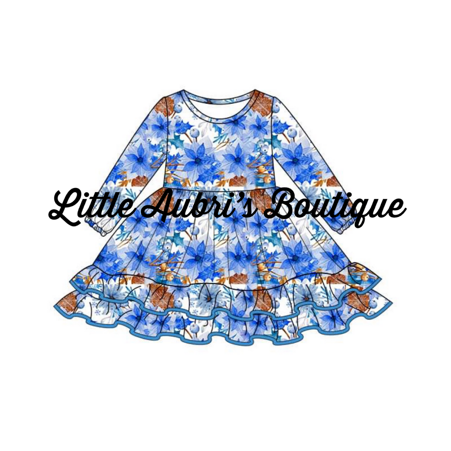 Winter Blue Floral Ruffle Dress