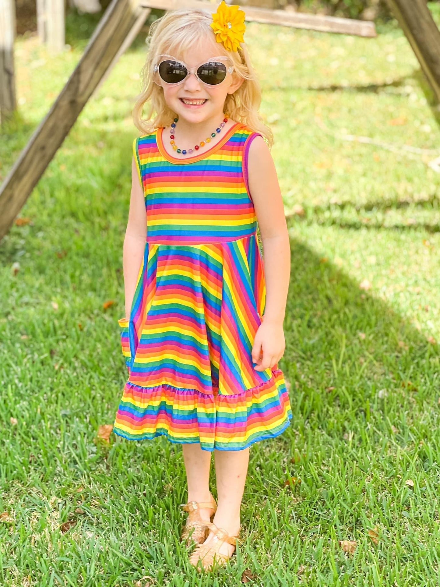 Classic Rainbow Stripes Cross Back Pocket Dress