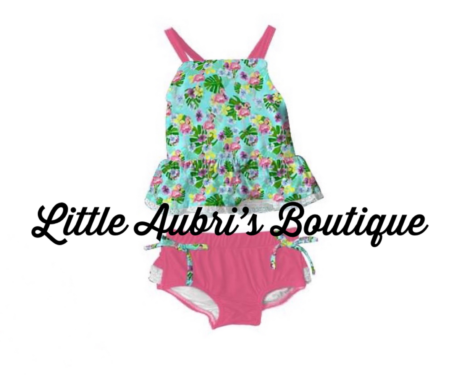 Luau Flamingos Lace 2 Piece Tankini Swimsuit Set