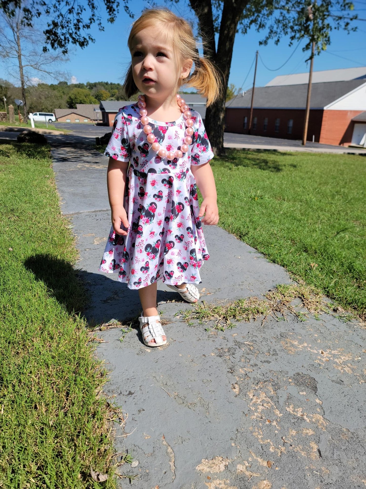 Polka Dot Floral Mouse Cross Back Twirl Dress