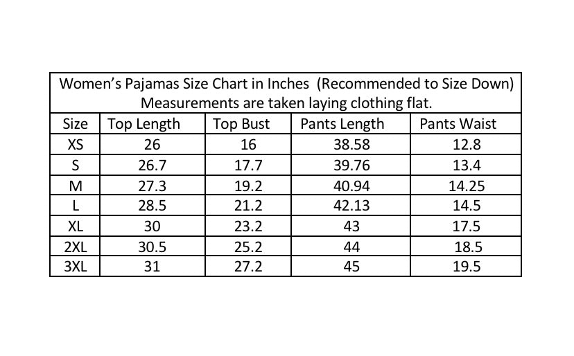 Pajama pants size online chart