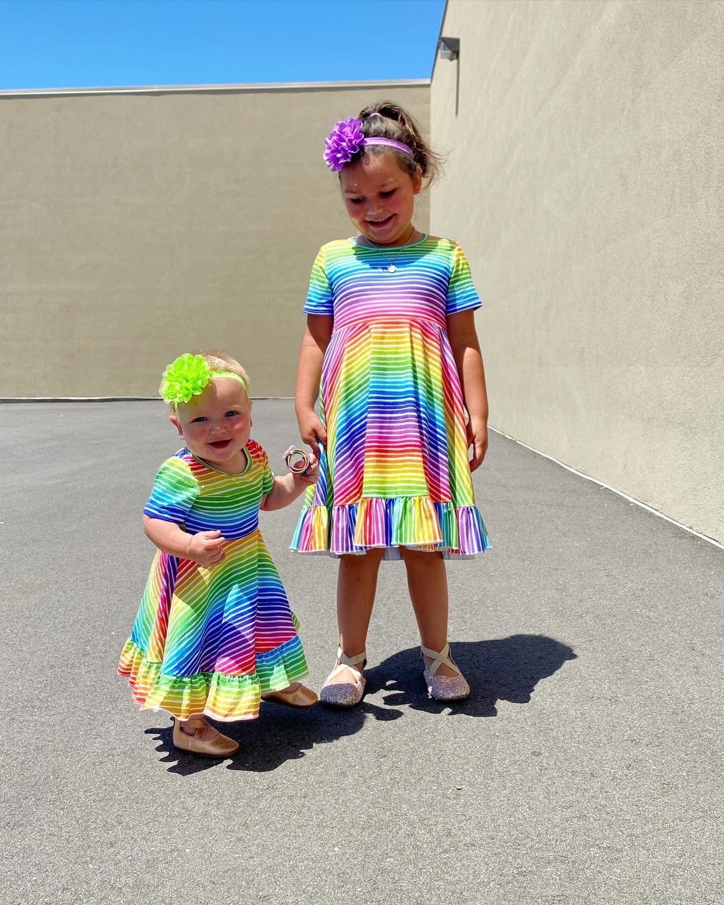 Rainbow Stripes Triple Bow Back Twirl Dress