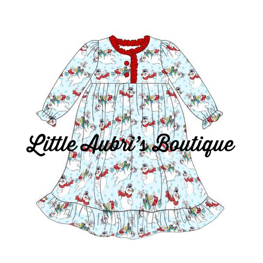 PREORDER Classic Snowman Ruffle Pajama Floor Length Dress CLOSES 7/31