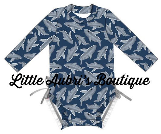 Long Sleeve Shark Floaties 1 Pc Rash Guard Swimsuit