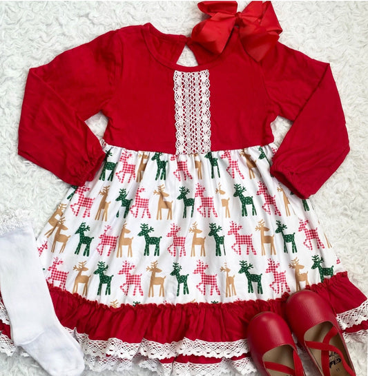 Holiday Reindeer Ruffle Lace Dress