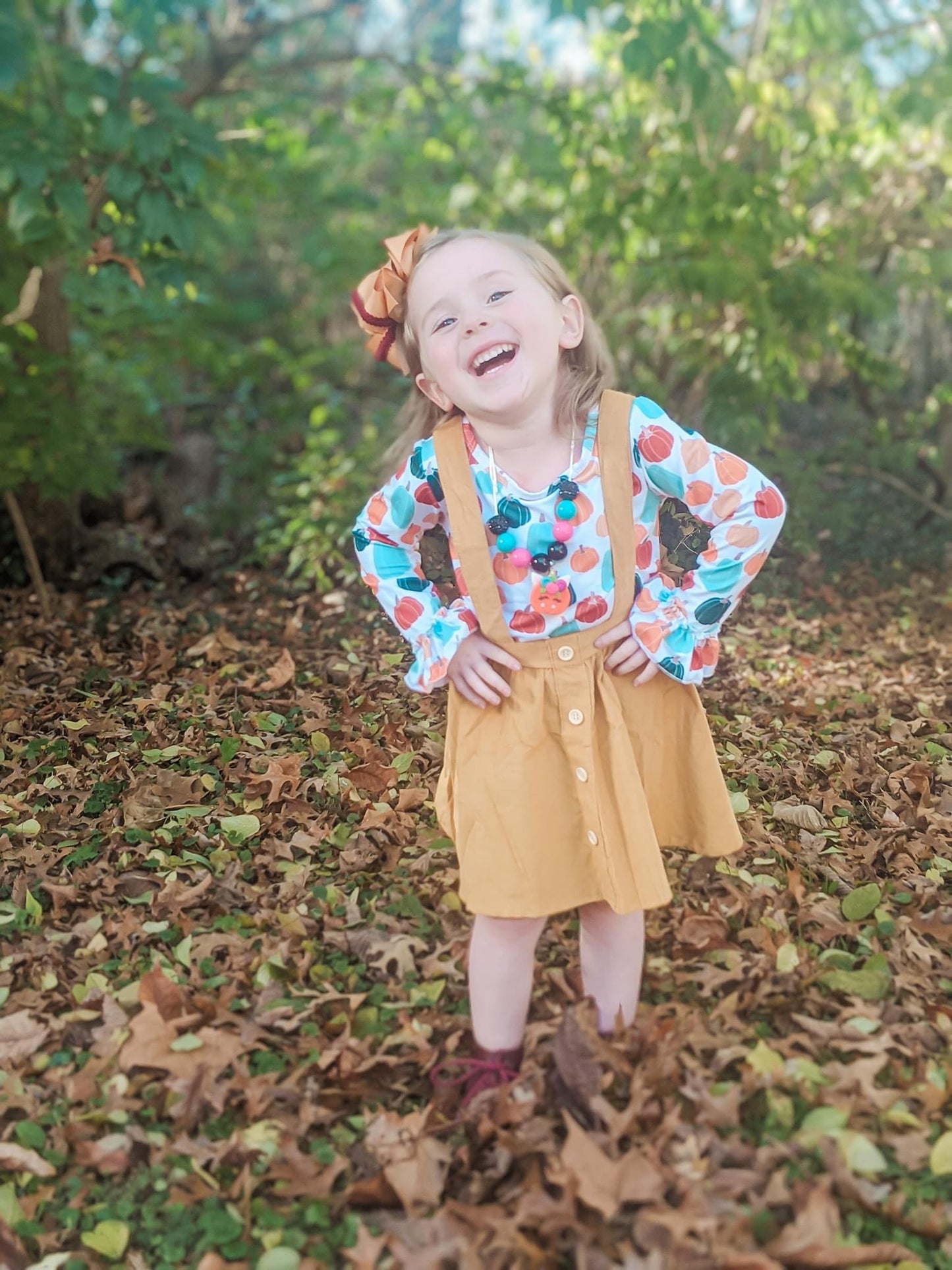 Autumn Pumpkins Long Sleeve Shirt & Suspender Skirt Set
