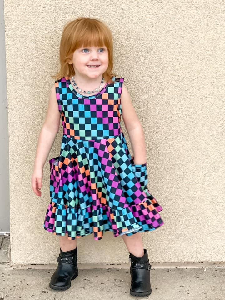 Rainbow Checkerboard Cross Back Pocket Dress