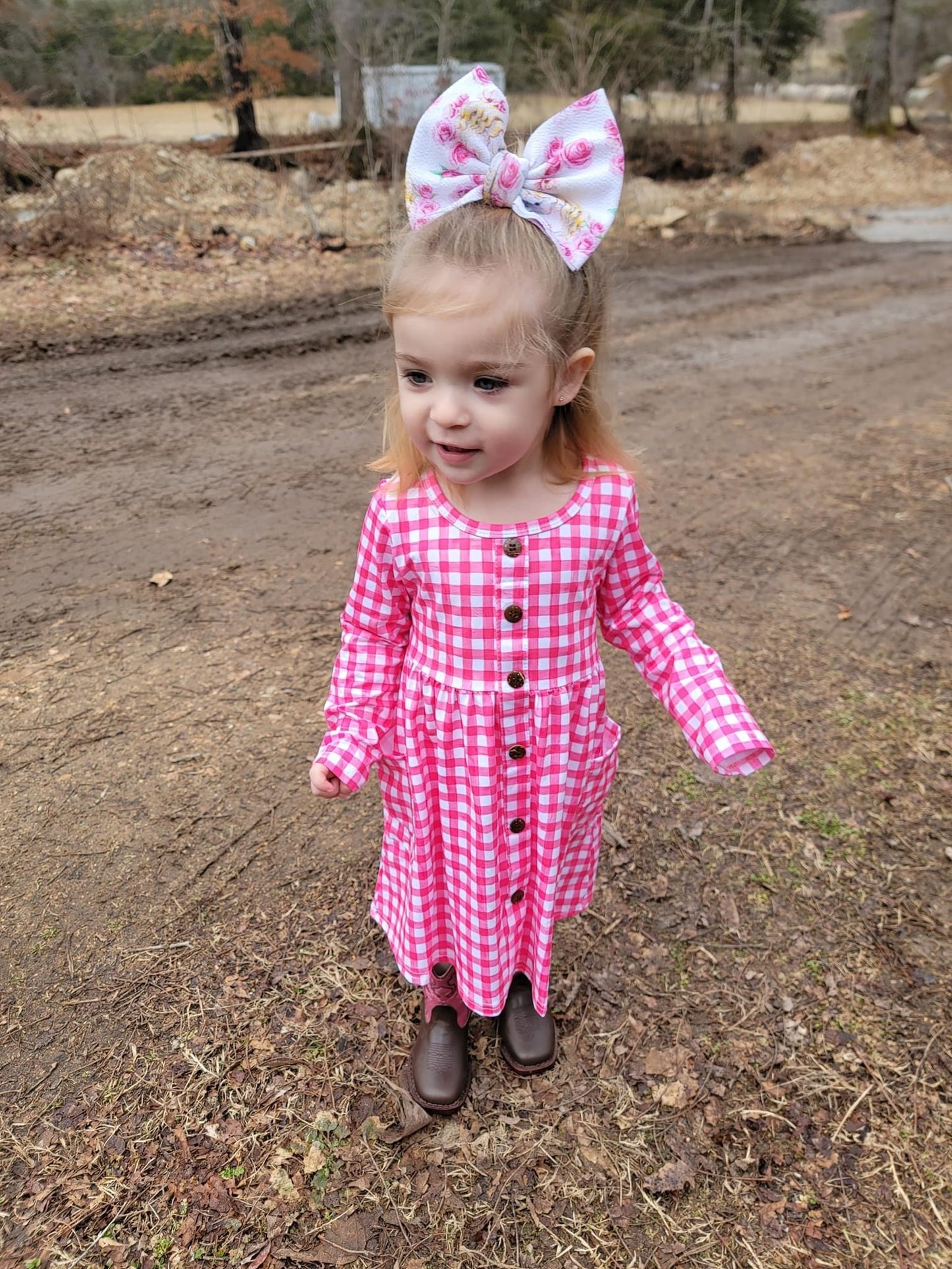 Pink Gingham Wooden Button Down Long Sleeve Pocket Dress