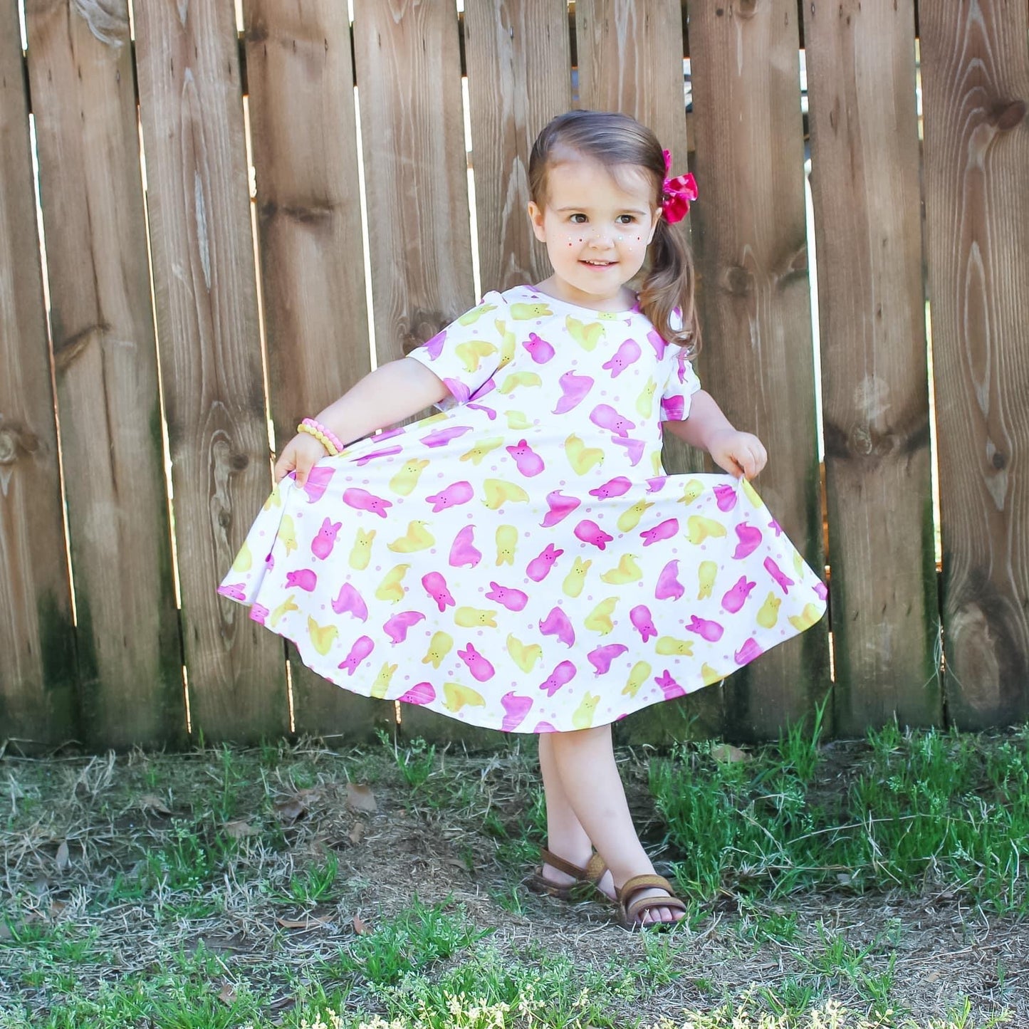 Pink & Yellow Peeps Cross Back Twirl Dress