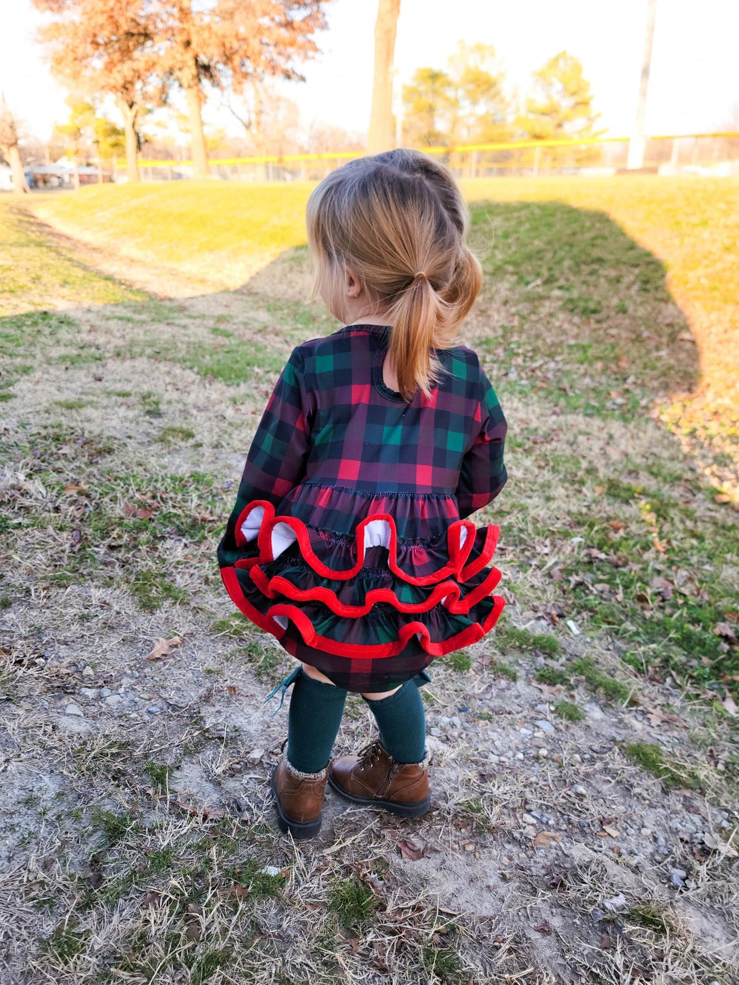 Red & Green Plaid Long Sleeve Ruffle Romper