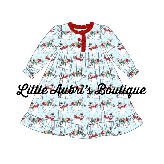 PREORDER Classic Snowman Ruffle Pajama Knee Length Dress CLOSES 7/31