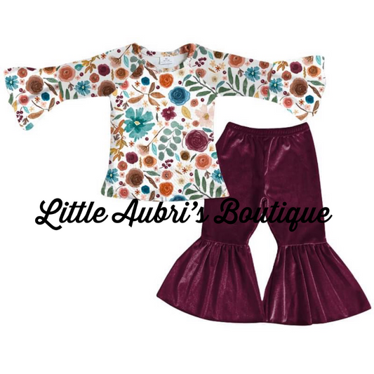 PREORDER Multicolored Floral Bell Top and Velvet Bottom Set CLOSES 10/7