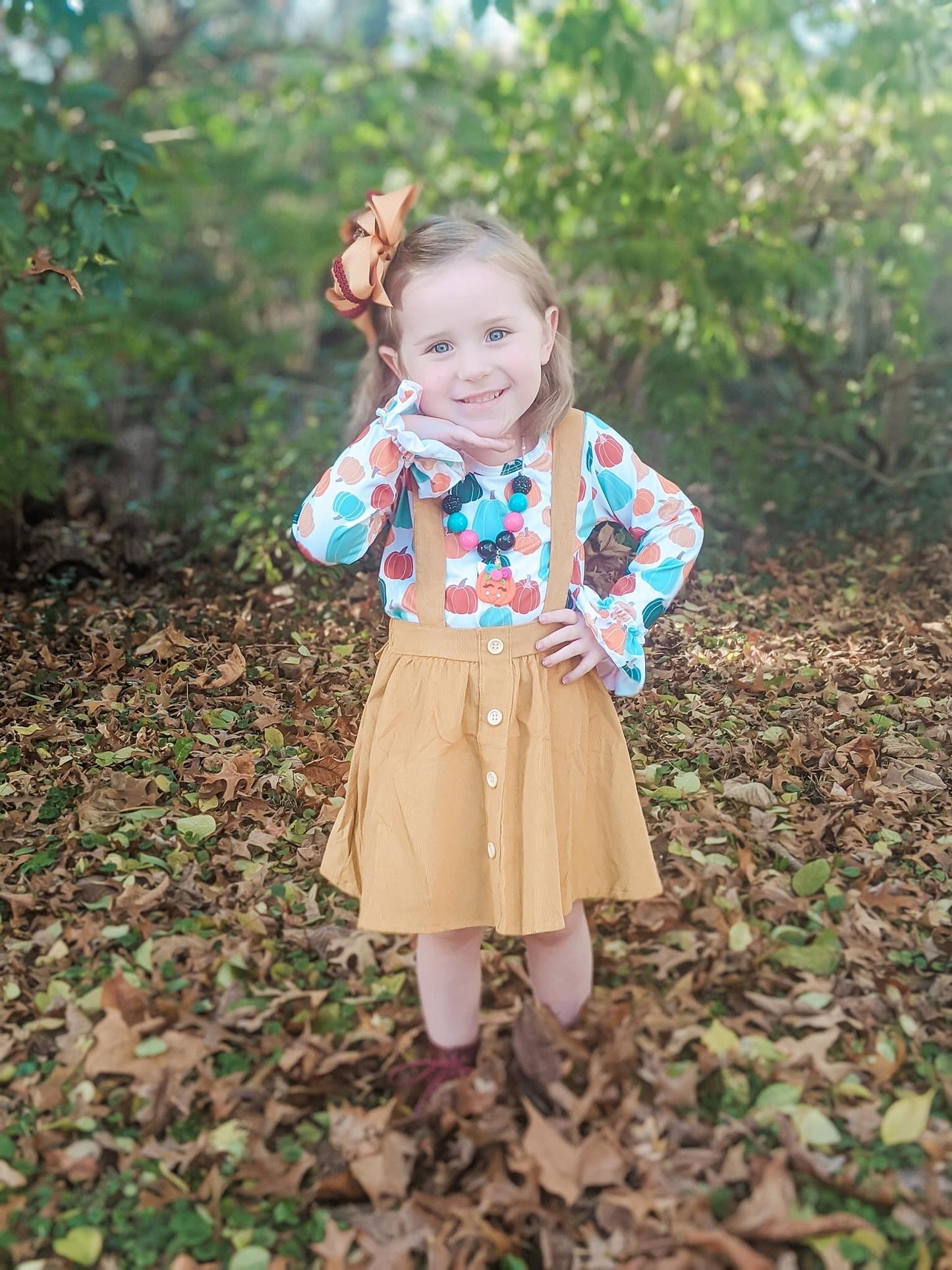 Autumn Pumpkins Long Sleeve Shirt & Suspender Skirt Set