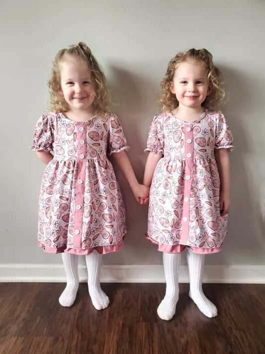 Pink Bunnies Button Ruffle Dress