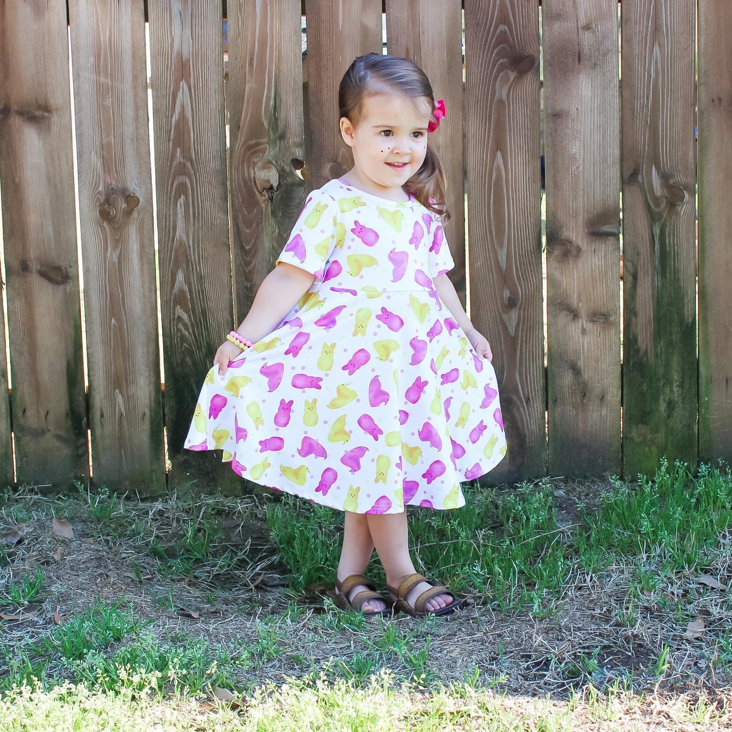 Pink & Yellow Peeps Cross Back Twirl Dress