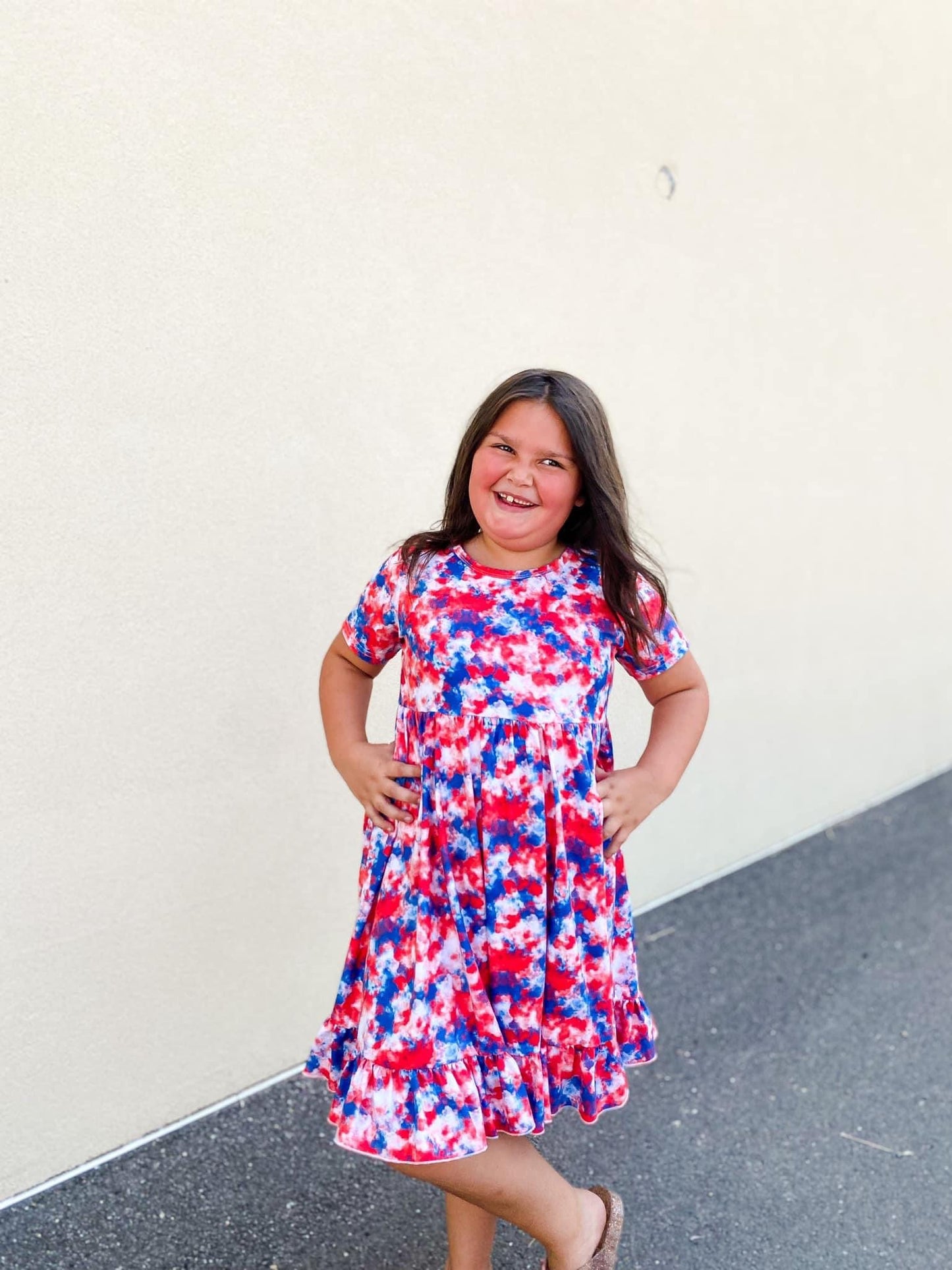 Red, White, & Blue Tie Dye Triple Bow Back Dress