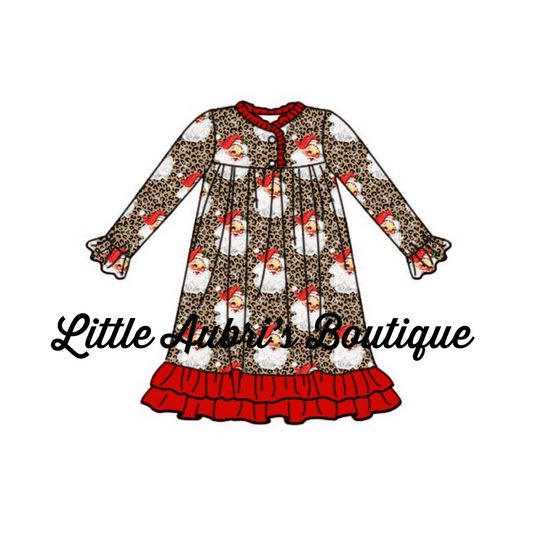 PREORDER Leopard Santa Ruffle Pajama Knee Length Dress CLOSES 7/31