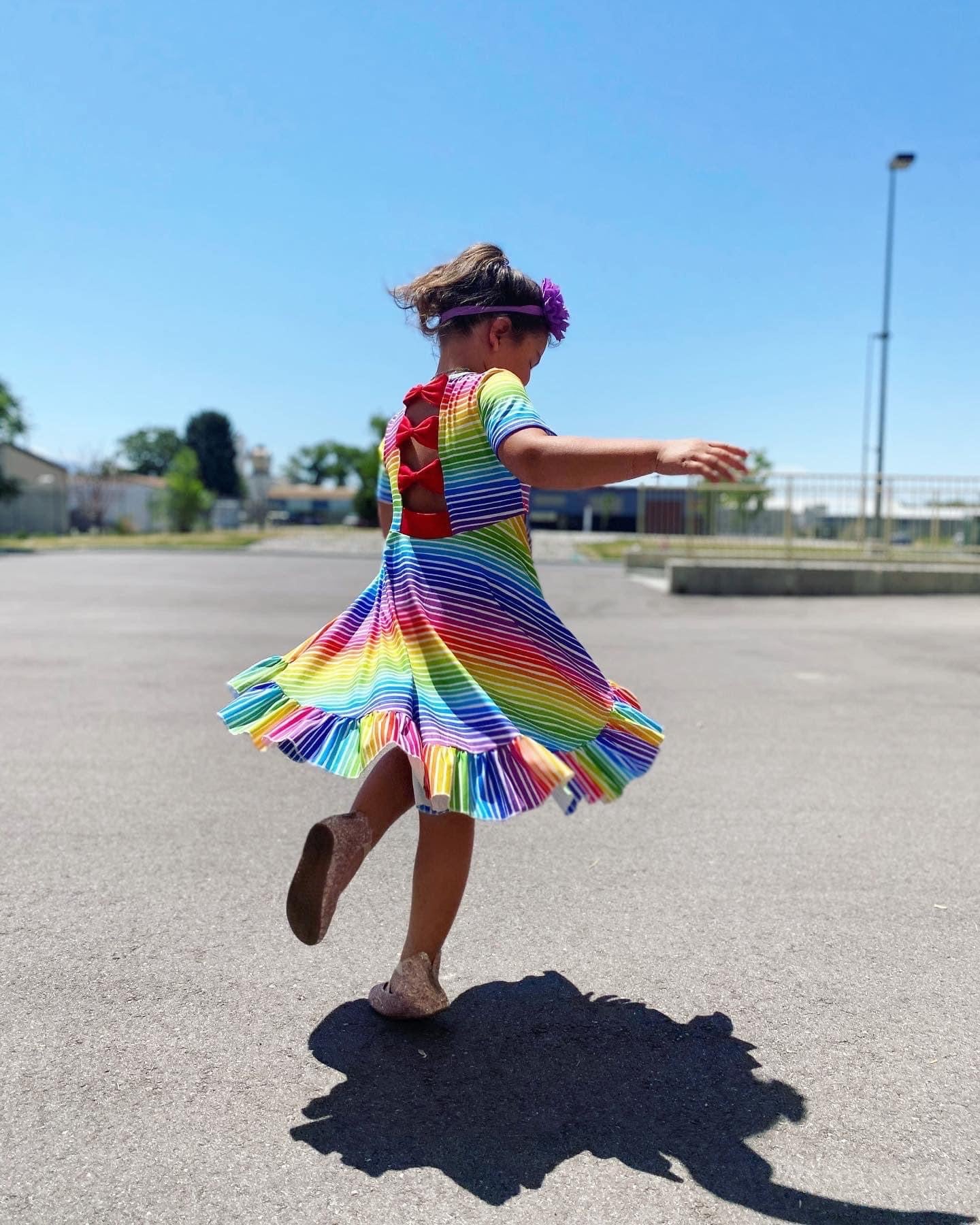 Rainbow Stripes Triple Bow Back Twirl Dress
