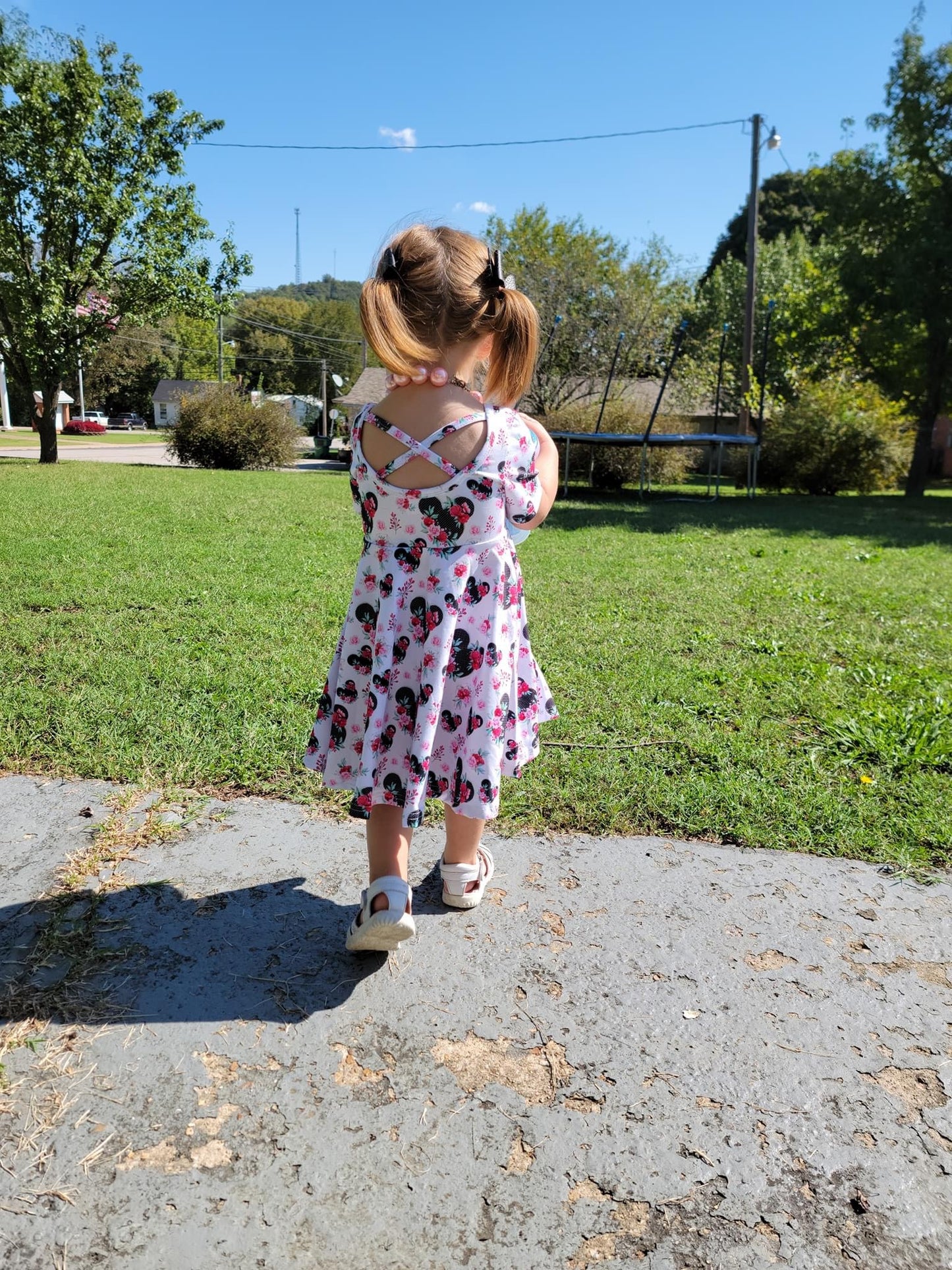 Polka Dot Floral Mouse Cross Back Twirl Dress