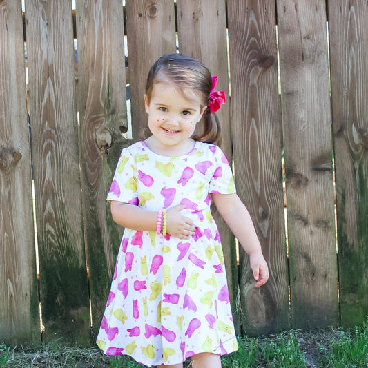 Pink & Yellow Peeps Cross Back Twirl Dress